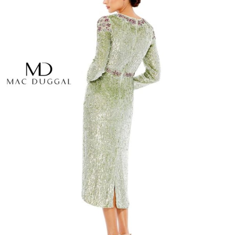 Mac Duggal 93568D Long Sleeve Sequin Tea Length Dress Size 10